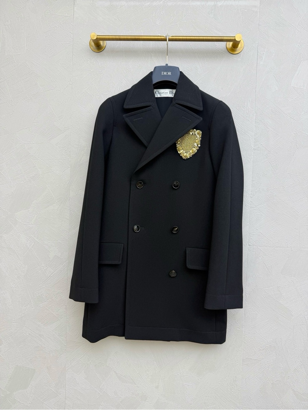 Dior Black Double-Breasted Pea Coat with Gold Brooch